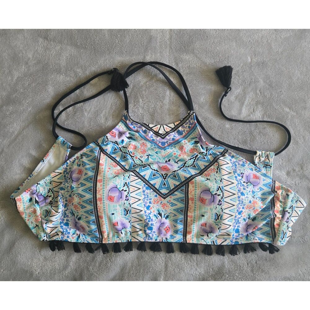 Boho Multicolor Geometric Tassel Crop Bikini Top – XL Festival Swimwear